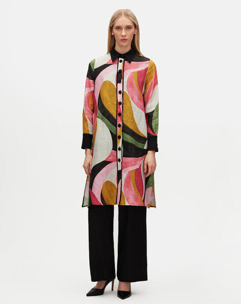 Yakası ve Bileği Triko Desenli Keten Siyah Gömlek - 1