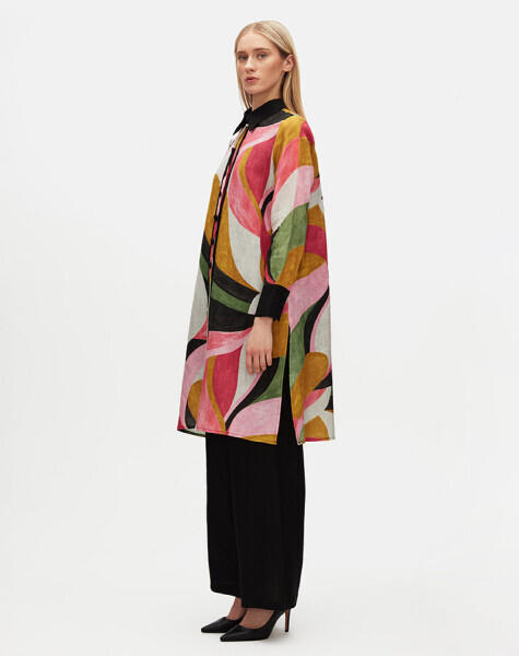 Yakası ve Bileği Triko Desenli Keten Siyah Gömlek - 2