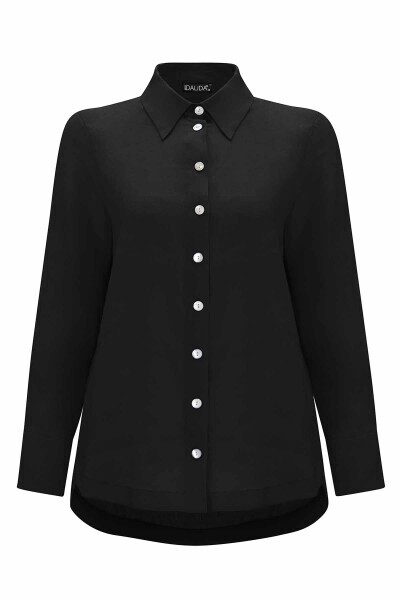 T25Y-3013 Sedef Düğmeli Düz renk Keten Gömlek BLACK - MISS DALIDA