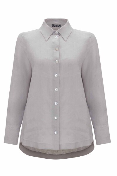 Sedef Düğmeli Düz renk Keten Gri Gömlek - 1