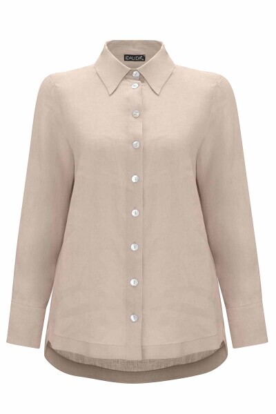 Sedef Düğmeli Düz Renk Keten Taş Rengi Gömlek - 1