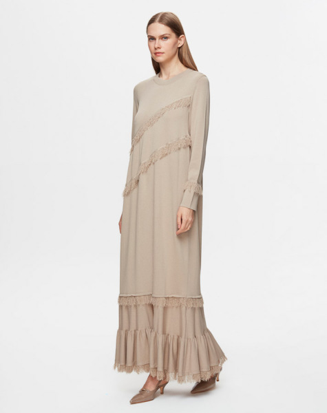 Püskül Detaylı Triko Uzun Taş Rengi Elbise - 2