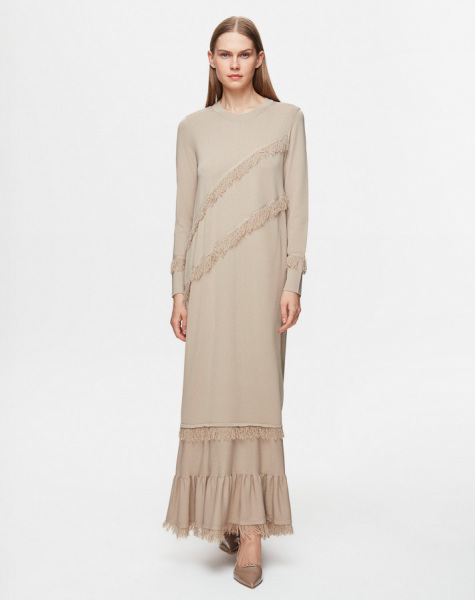 Püskül Detaylı Triko Uzun Taş Rengi Elbise - 3