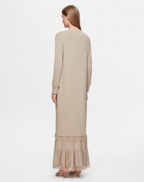 Püskül Detaylı Triko Uzun Taş Rengi Elbise - 4