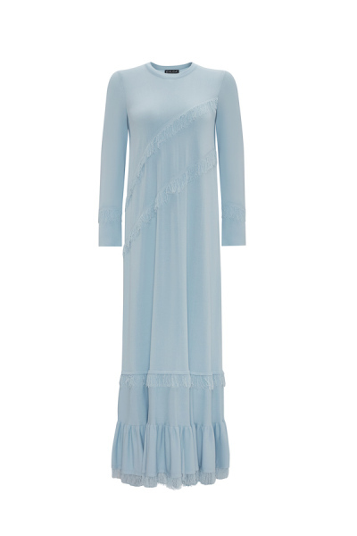 Püskül Detaylı Triko Uzun Açık Mavi Elbise 