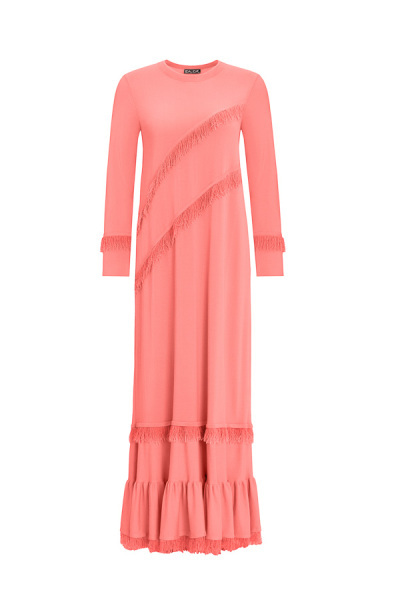 Püskül Detaylı Triko Uzun Coral Elbise - 1