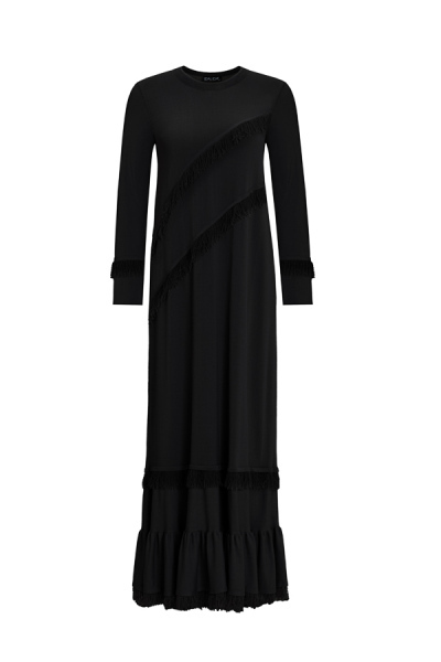 Püskül Detaylı Triko Uzun Siyah Elbise - 1