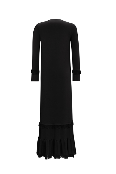 Püskül Detaylı Triko Uzun Siyah Elbise - 2