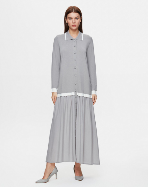 T25Y-4002 Cupro-Triko Gömlek Elbise 1179-GREY - 1