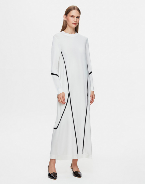 Renk Şeritli Triko Ekru Elbise - 1