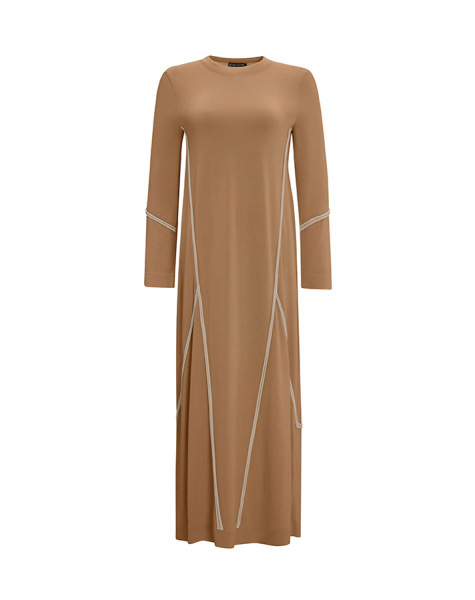 Renk Şeritli Triko Camel Elbise - 1