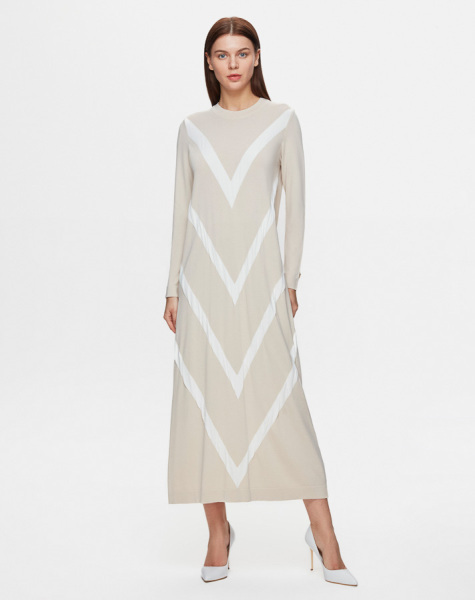 Geometrik Desenli Triko Sand Elbise 