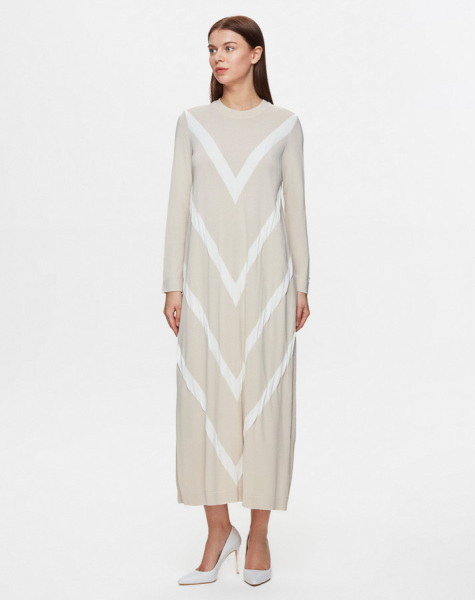 Geometrik Desenli Triko Sand Elbise - 2