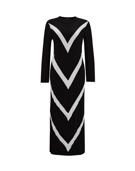 Geometrik Desenli Triko Siyah Elbise - 1