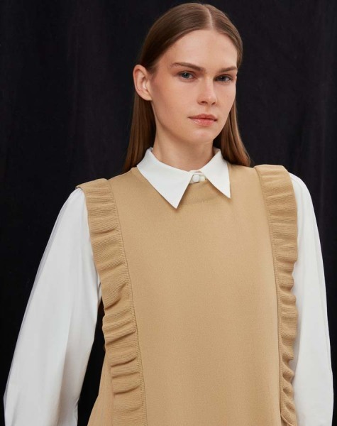 Yanları Fırfırlı Kolsuz Triko Camel Elbise - 2