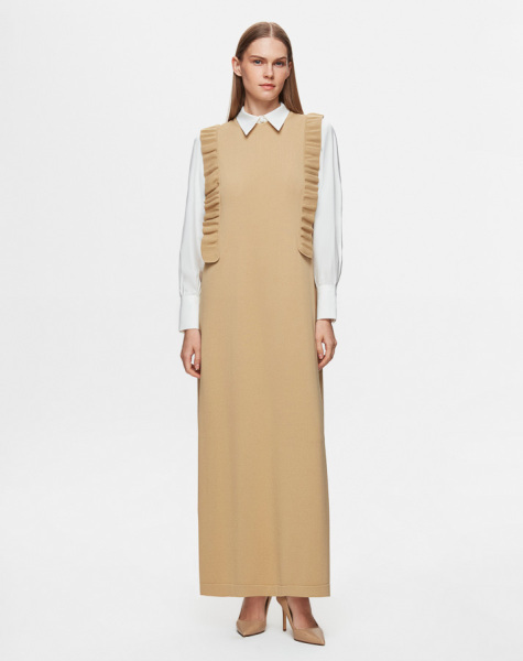 Yanları Fırfırlı Kolsuz Triko Camel Elbise - 3