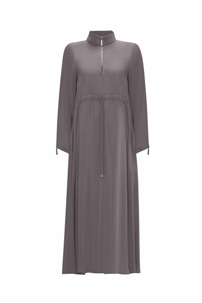 T25Y-4011 Yakası Fermuarlı Beli Büzgülü Cupro Elbise ANTHRACITE 