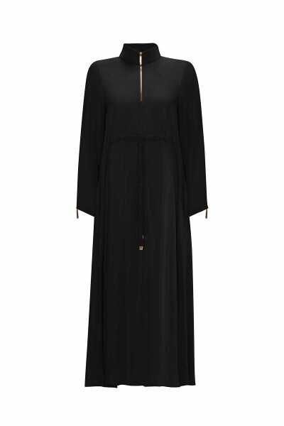 Yakası Fermuarlı Beli Büzgülü Cupro Siyah Elbise - 1