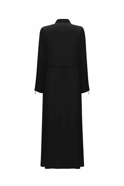 Yakası Fermuarlı Beli Büzgülü Cupro Siyah Elbise - 2