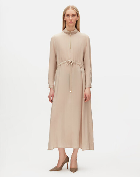 T25Y-4011 Yakası Fermuarlı Beli Büzgülü Cupro Elbise STONE - 1