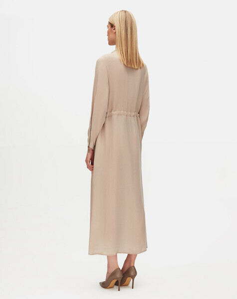Yakası Fermuarlı Beli Büzgülü Cupro Taş Renk Elbise - 3