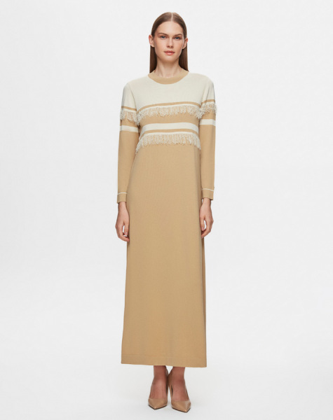 Çizgi ve Püskül Detaylı Triko 1241-Camel Elbise - 1