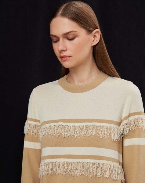 Çizgi ve Püskül Detaylı Triko 1241-Camel Elbise - 2