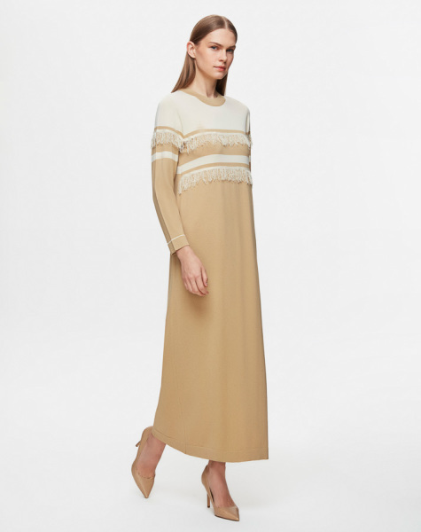 Çizgi ve Püskül Detaylı Triko 1241-Camel Elbise - 3