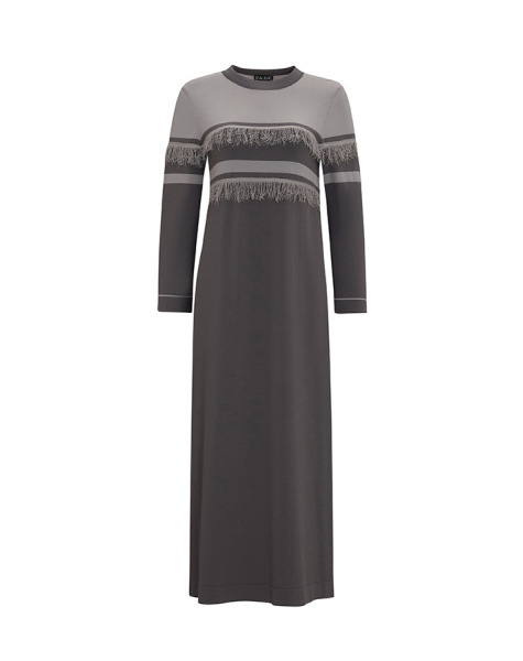 Çizgi ve Püskül Detaylı Triko 1241-Camel Elbise - 9