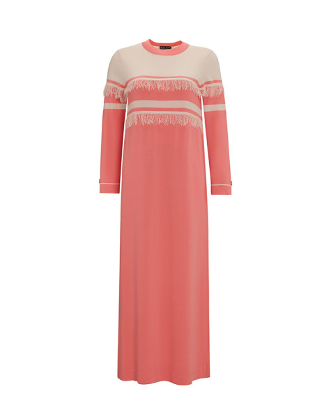 T25Y-4016 Çizgi ve Püskül Detaylı Triko Elbise 1325-CORAL - 1