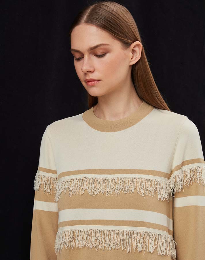 T25Y-4016 Stripe and Tassel Detailed Knitwear Dress - 2