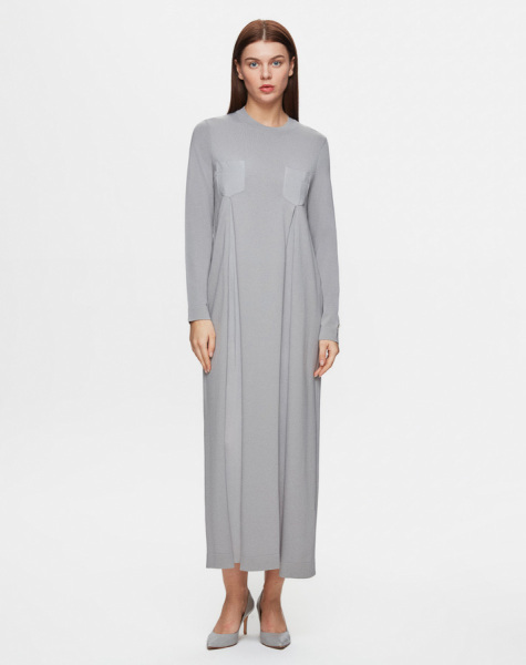 T25Y-4017 Cepleri Cupro Rahat Kesim Triko Elbise GREY 