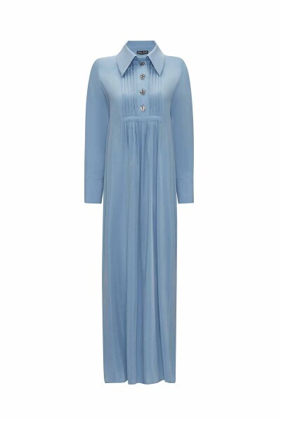 Gömlek Yaka Nervürlü Cupro Mavi Elbise - 1