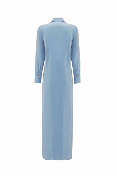 Gömlek Yaka Nervürlü Cupro Mavi Elbise - 2