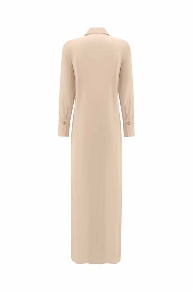 T25Y-4018 Gömlek Yaka Nervürlü Cupro Elbise STONE - 2