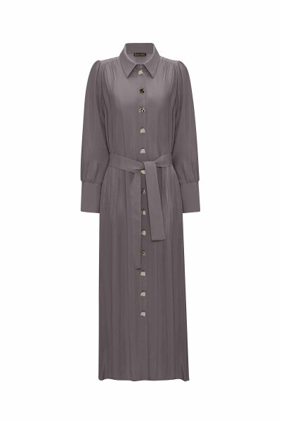 T25Y-4020 Düğme Detaylı Kuşaklı Gömlek Yaka Elbise ANTHRACITE 