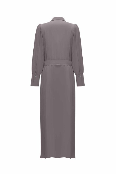 Düğme Detaylı Kuşaklı Gömlek Yaka Antrasit Elbise - 2