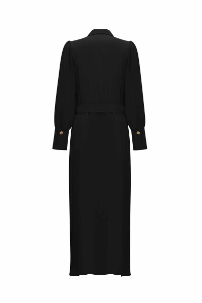 Düğme Detaylı Kuşaklı Gömlek Yaka Siyah Elbise - 2