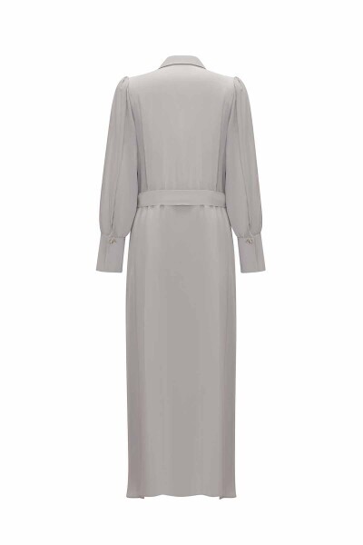 Düğme Detaylı Kuşaklı Gömlek Yaka Gri Elbise - 2