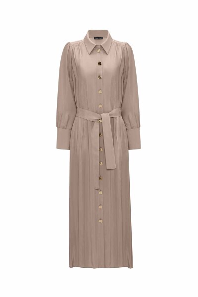 Düğme Detaylı Kuşaklı Gömlek Yaka Vizon Elbise - 1