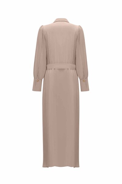 Düğme Detaylı Kuşaklı Gömlek Yaka Vizon Elbise - 2