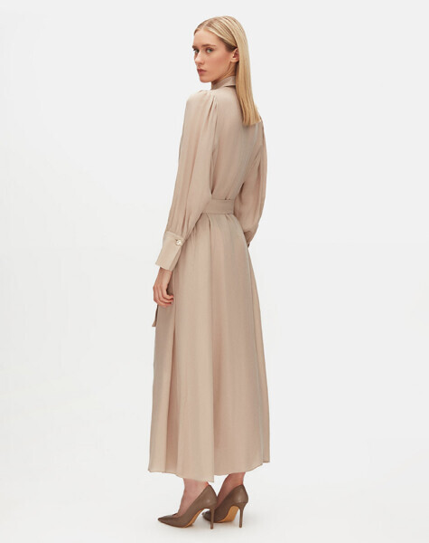 T25Y-4020 Düğme Detaylı Kuşaklı Gömlek Yaka Elbise STONE - 2