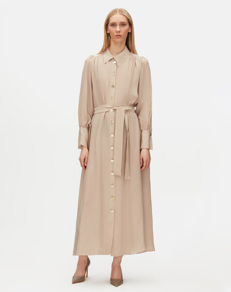 Düğme Detaylı Kuşaklı Gömlek Yaka Taş Rengi Elbise - 1