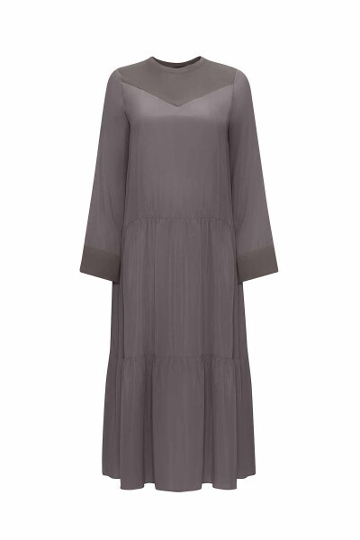 T25Y-4021 Bisiklet Yakalı Çiçek Broşlu Cupro Elbise ANTHRACITE - 1