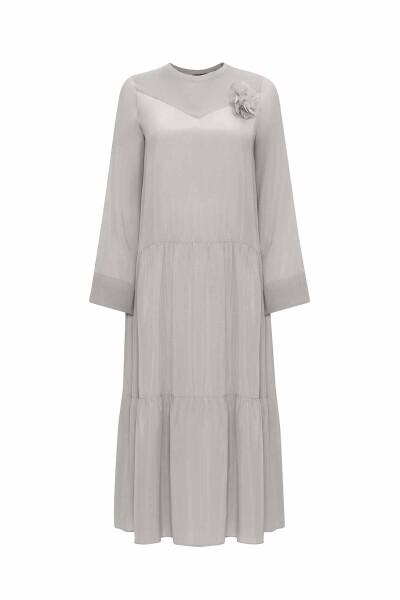 Crew Neck Flower Brooch Cupro Dress - MISS DALIDA