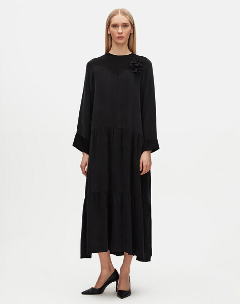 Bisiklet Yakalı Çiçek Broşlu Cupro OUBERGINE Elbise - 2