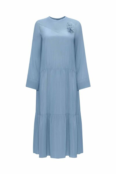 Bisiklet Yakalı Çiçek Broşlu Cupro OUBERGINE Elbise - 13