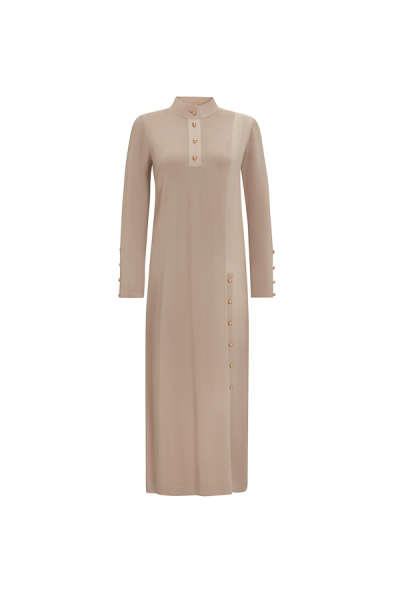 Dik Yaka Düğme Detaylı Taş Rengi Elbise - 1