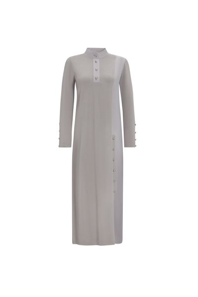 T25Y-4023 Dik Yaka Düğme Detaylı Elbise 1179-GREY - 1