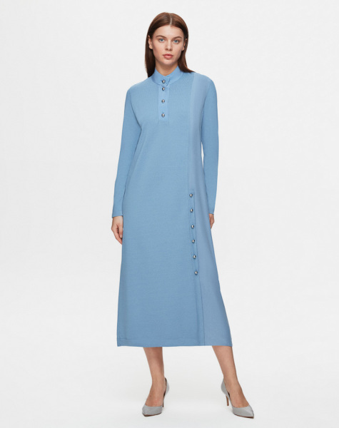 Dik Yaka Düğme Detaylı Mavi Elbise - 2